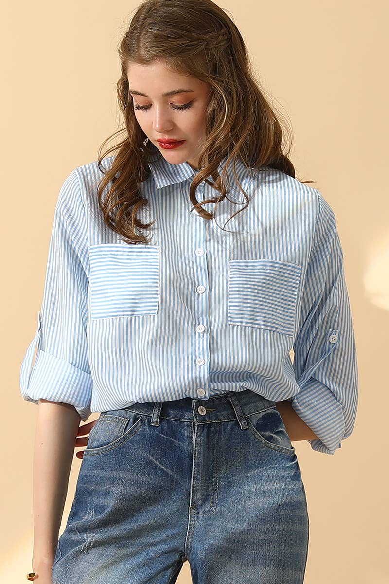 CWTSTL716_Striped Button Down Long Sleeve Collared Shirts