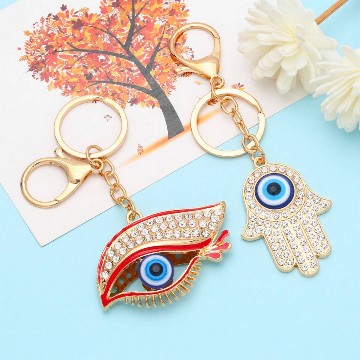 COLORED DIAMOND DEVIL'S EYE METAL KEYCHAIN PENDANT