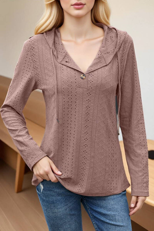 CWTTL01000_SOLID COLOR BUTTON HOODED LOOSE LONG-SLEEVED TOP