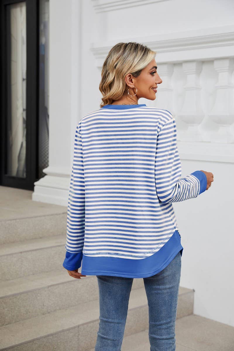 CWTBLL2355_CREW NECK STRIPED COLORBLOCK CASUAL SWEATSHIRT