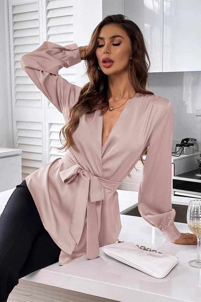 CWTBLL3934_V-NECK SOLID COLOR DRAWSTRING ASYMMETRIC HEM SHIR