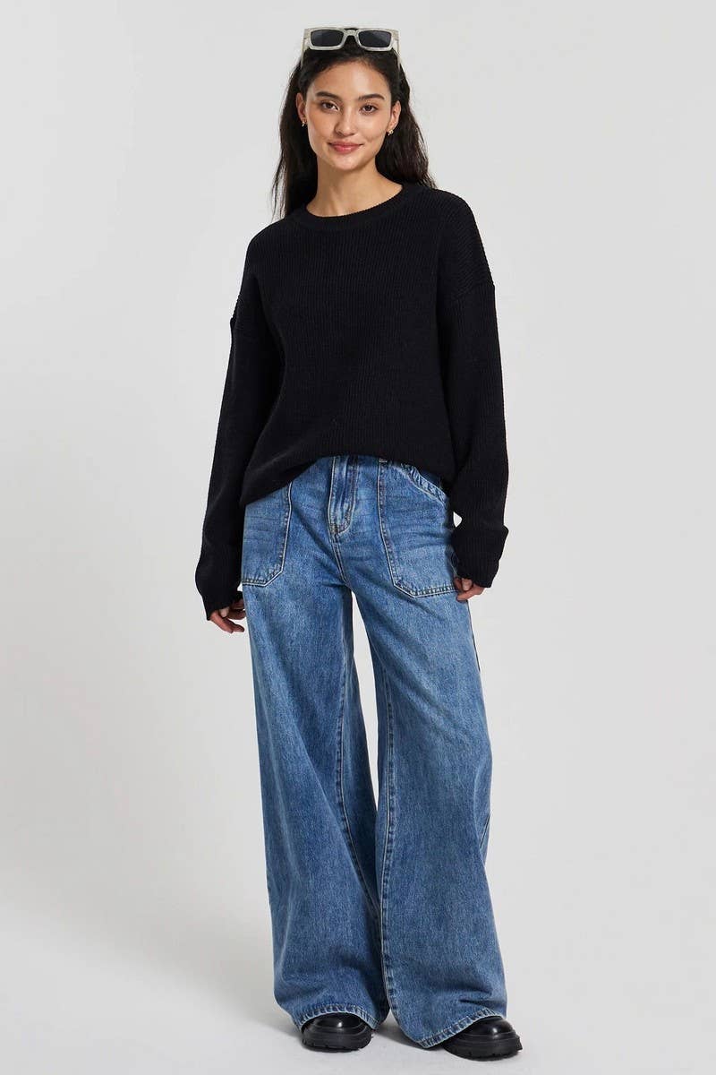 CWOSWL5239_ROUND NECK LONG SLEEVE PULLOVER KNITTED SWEATER