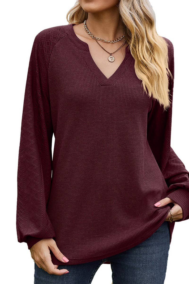 CWTBLL01313_V NECK WAFFLE KNIT SOLID LONG SLEEVE LOOSE TEE