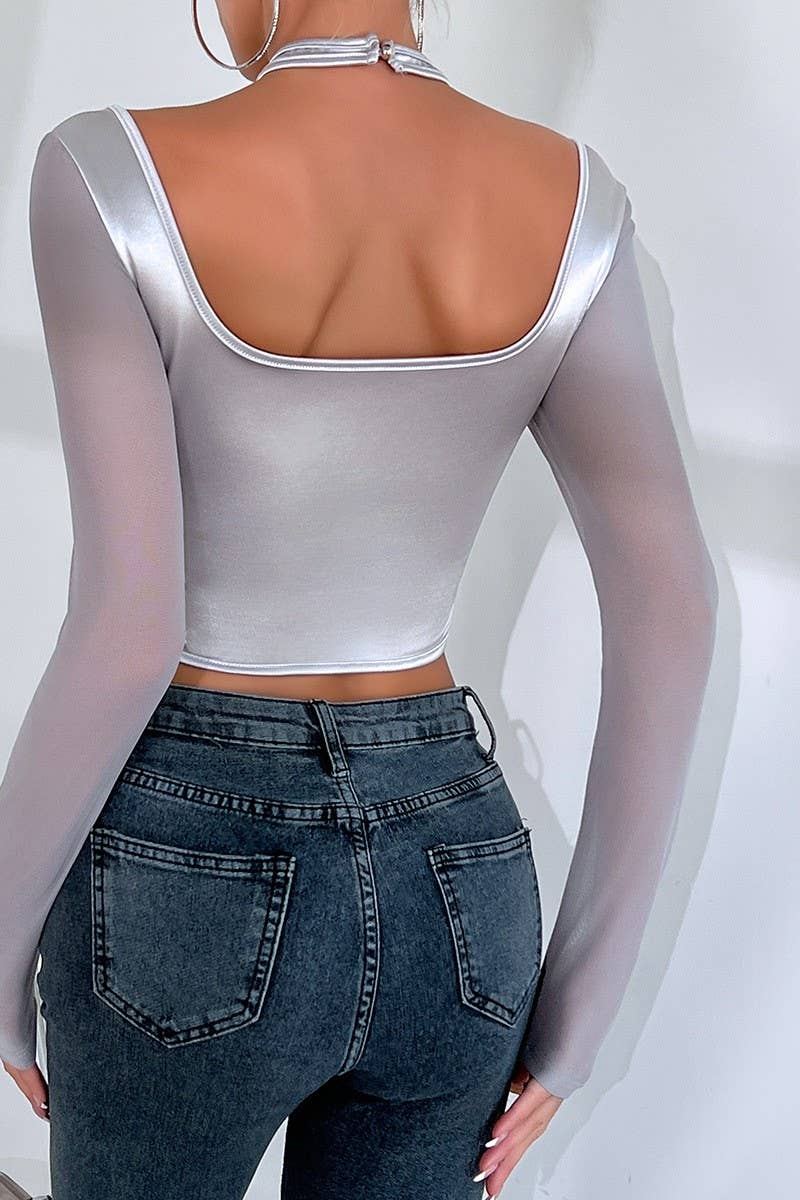 CWTBLL3638_SEE-THROUGH MESH PANELED HALTER NECK TOP