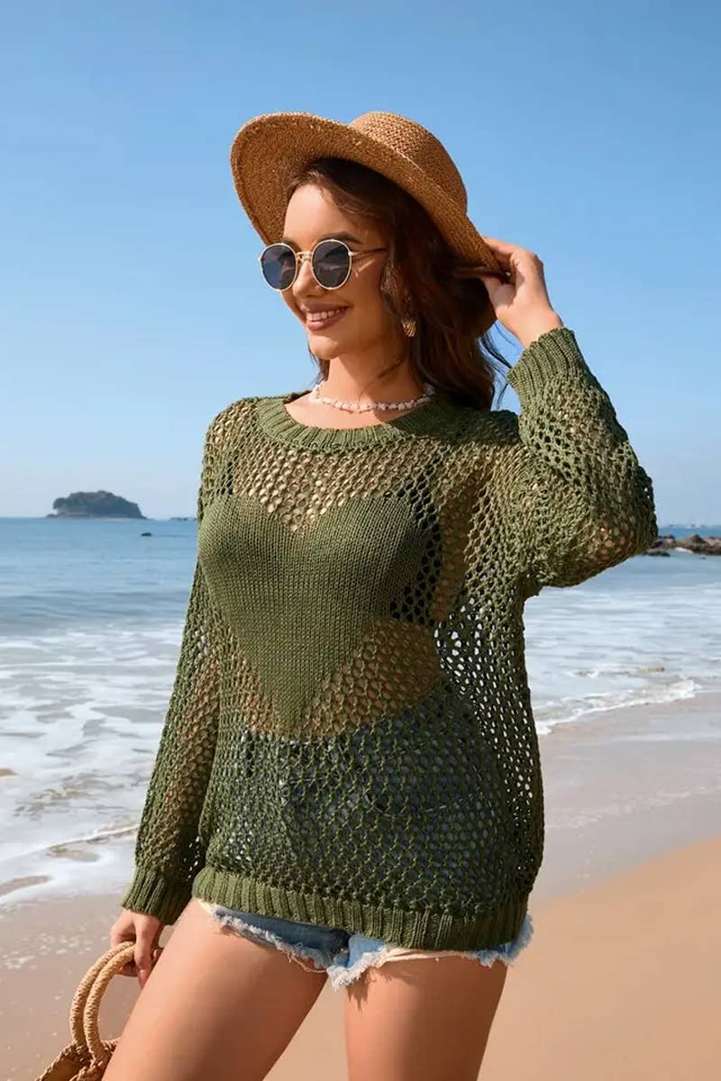 CWTTL1991_SUMMER ROUND NECK HEART SOLID COLOR BEACH COVER UP