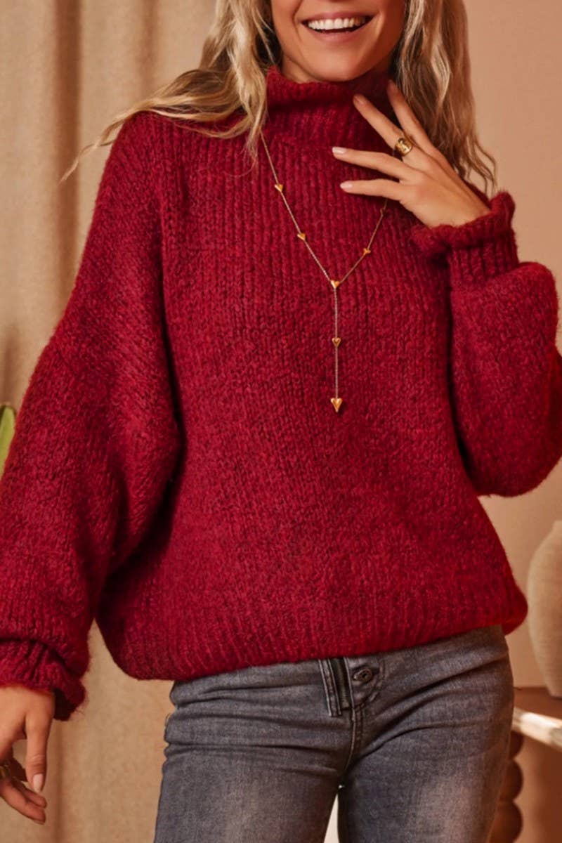 CWOSWL07058_HIGH-NECK RED LOOSE CARDIGAN KNITTED TOP