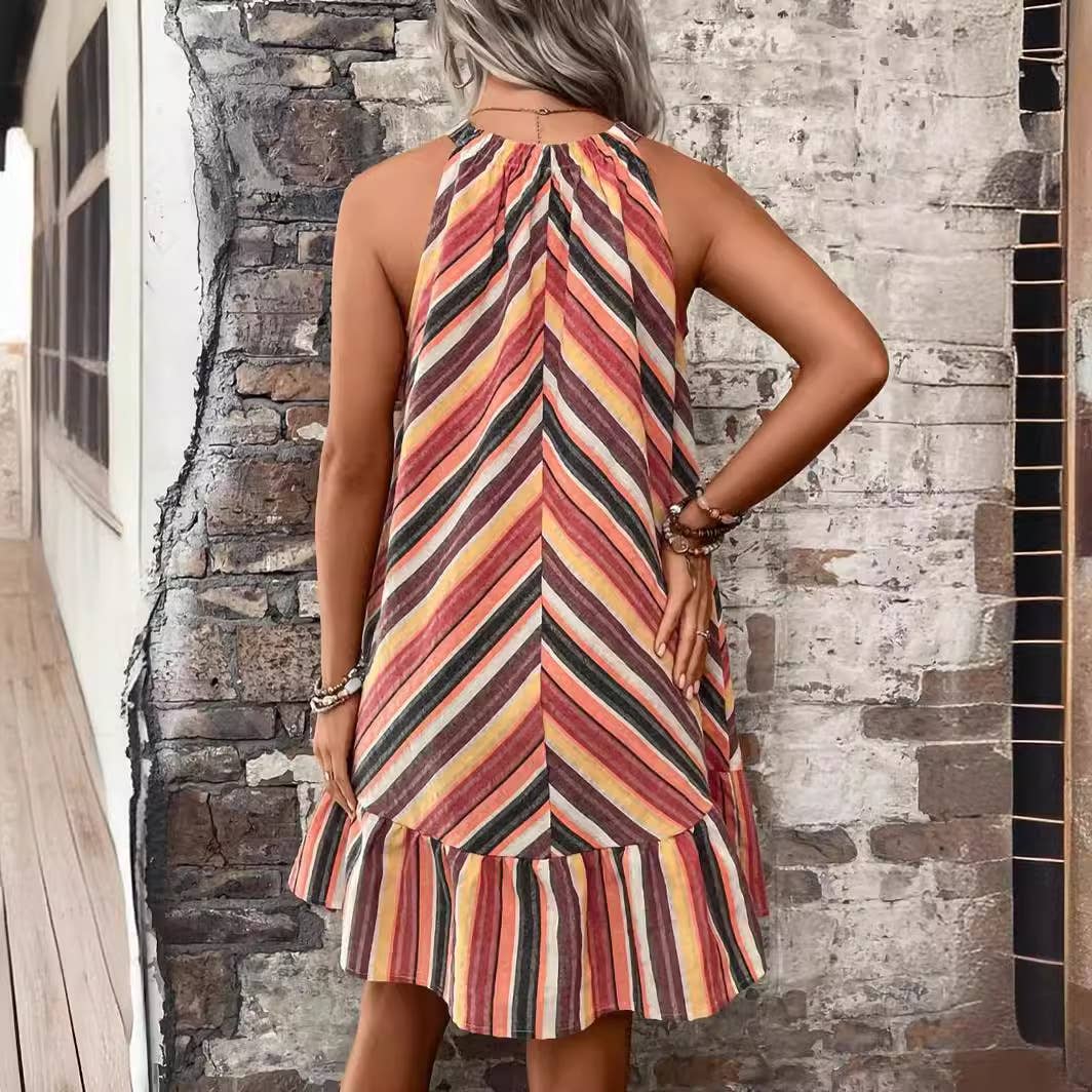 COLORFUL STRIPED HALTER RAINBOW SHORT DRESS
