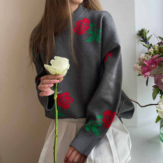 CREW-NECK ROSE JACQUARD KNIT PULLOVER SWEATER
