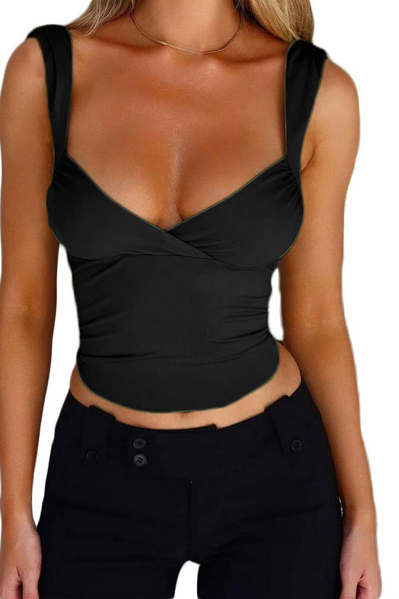 CWTBLSL0584_CROSS-OVER LARGE V-NECK BACKLESS LACE-UP TOP