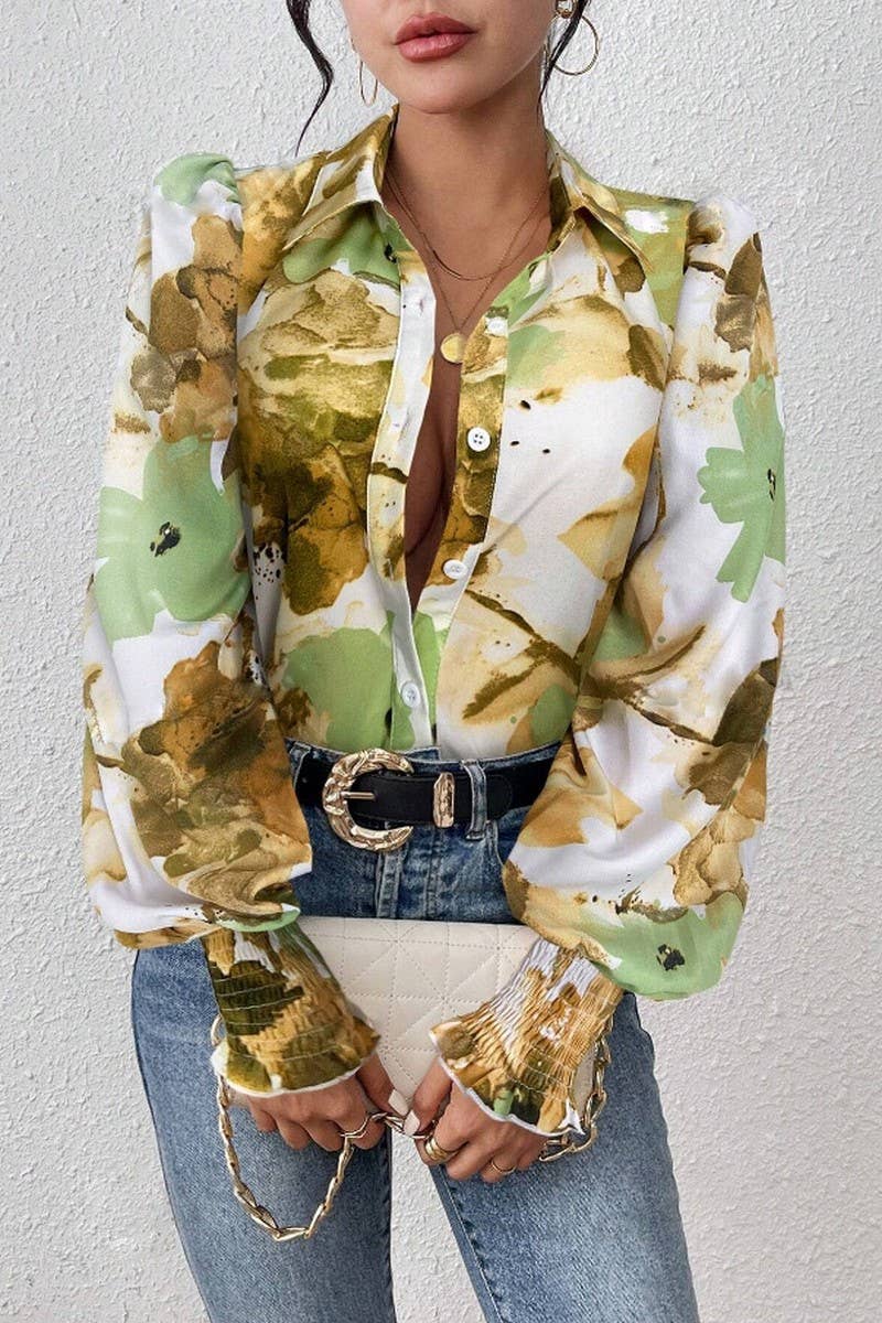 CWTSTL2885_PRINTED COLLARED PUFF SLEEVE LOOSE FIT SHIRT