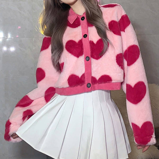 COLOR CONTRAST FASHION LOVE LAPEL PLUSH COAT
