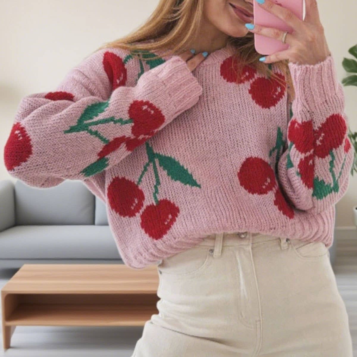 Cherry jacquard loose long sleeve knitted sweater