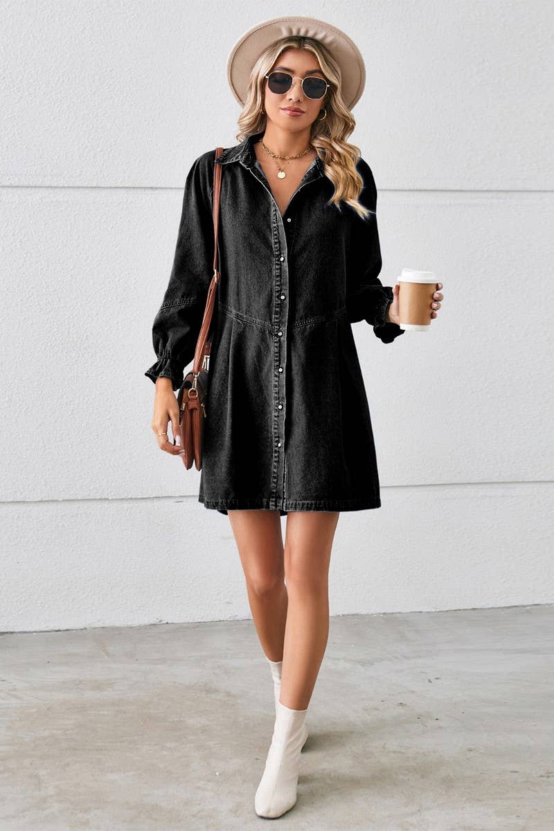 CWDSD10891_WASHED LONG-SLEEVED PANELED DENIM DRESS