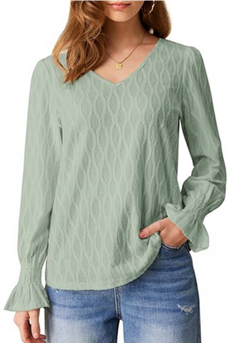 CWTBLL3616_SOLID COLOR V-NECK LONG-SLEEVED T-SHIRT TOP