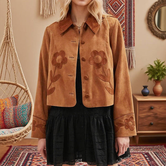 Floral embellishment lapel stylish short coat