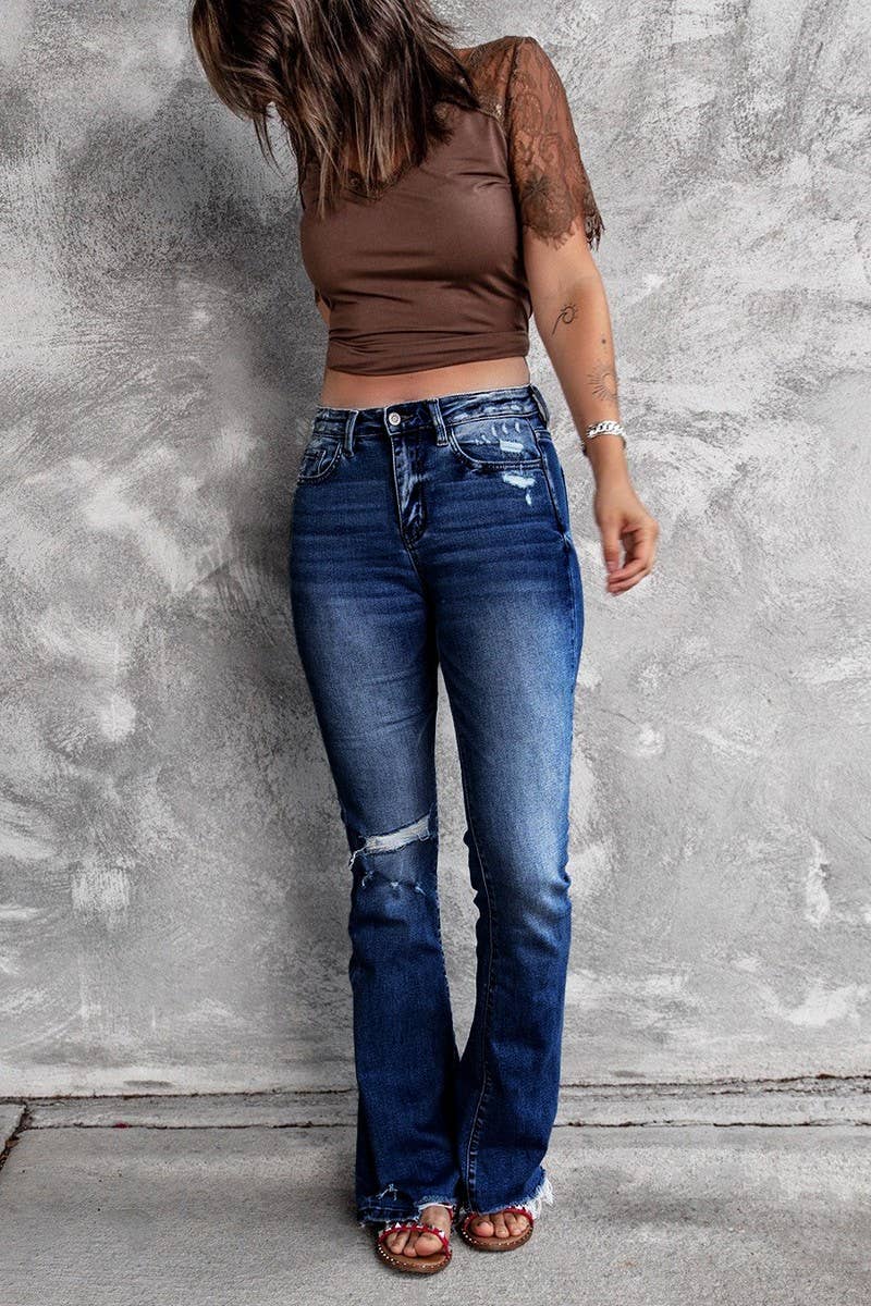 CWJP0604_HIGH WAIST STRETCH RIPPED FRAYED HEM FLARE JEANS