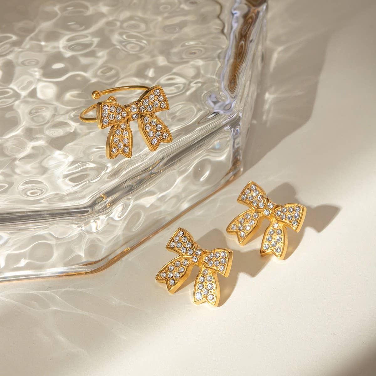 RETRO HIGH-END BOW EARRINGS AND RING SET_CWAJE1887