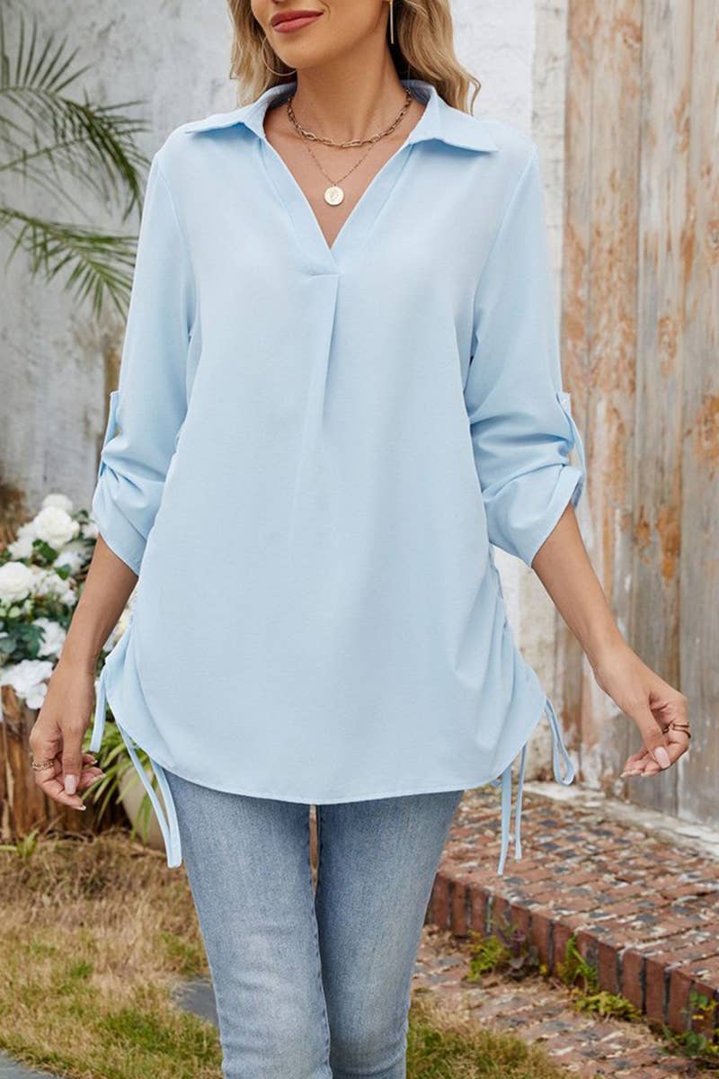 CWTBLS1796_SPRING AND SUMMER SOLID COLOR LAPEL LOOSE SHIRT