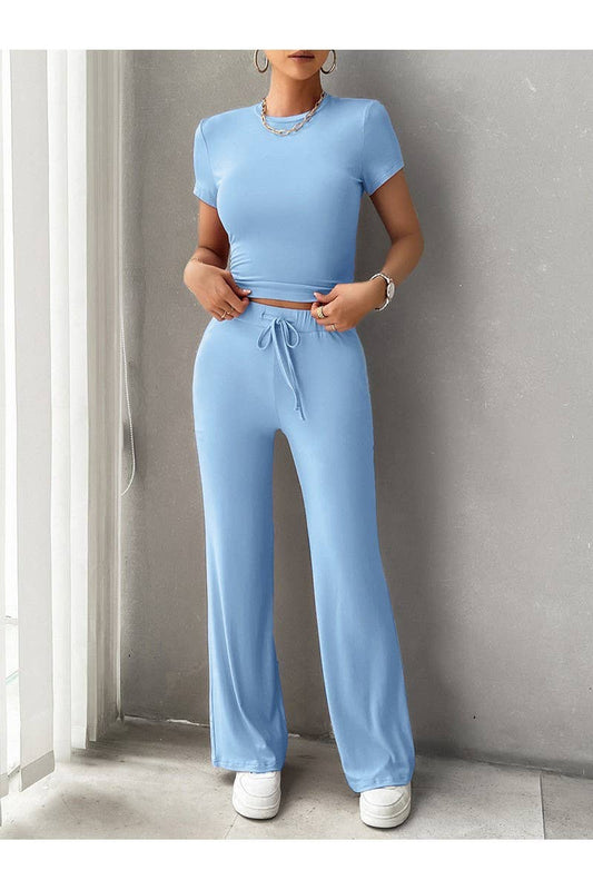 CWSTB0668_SOLID COLOR CREW NECK SHORT SLEEVED PANTS SET