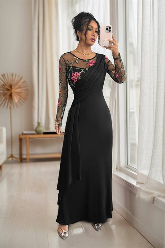 CWDMD6301_VINTAGE MESH EMBROIDERED LONG SLEEVE DRESS