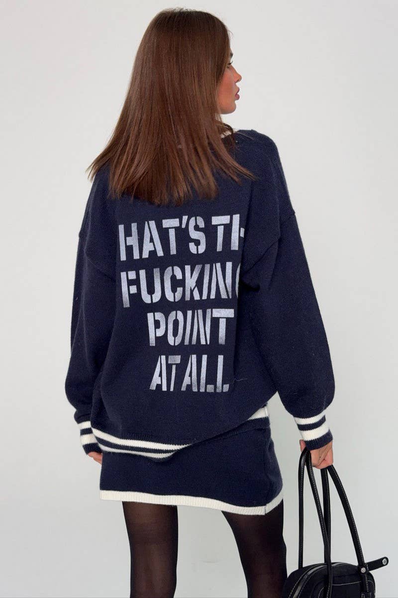 CWSTB1521_CONTRAST COLOR ZIPPER LETTER CARDIGAN SWEATER SET