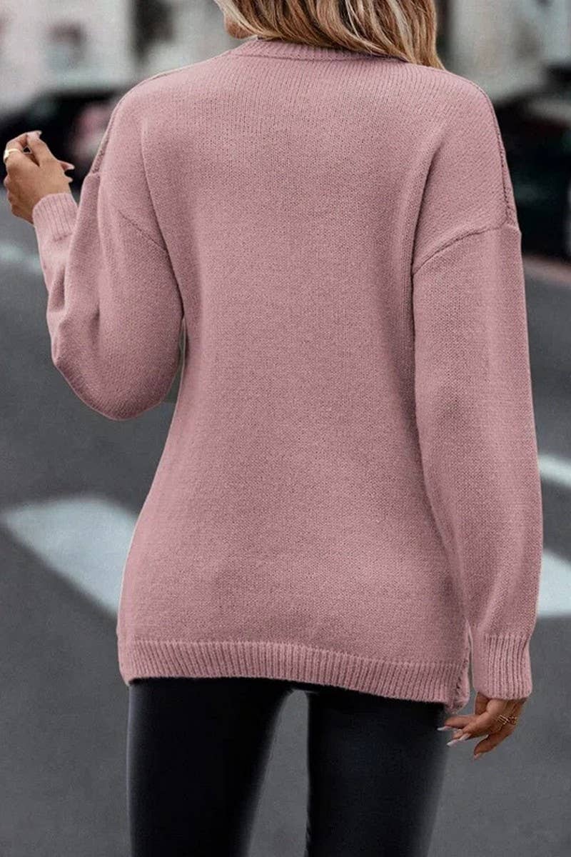 CWOSWL6535_SOLID COLOR V-NECK CROSS JACQUARD CASUAL SWEATER