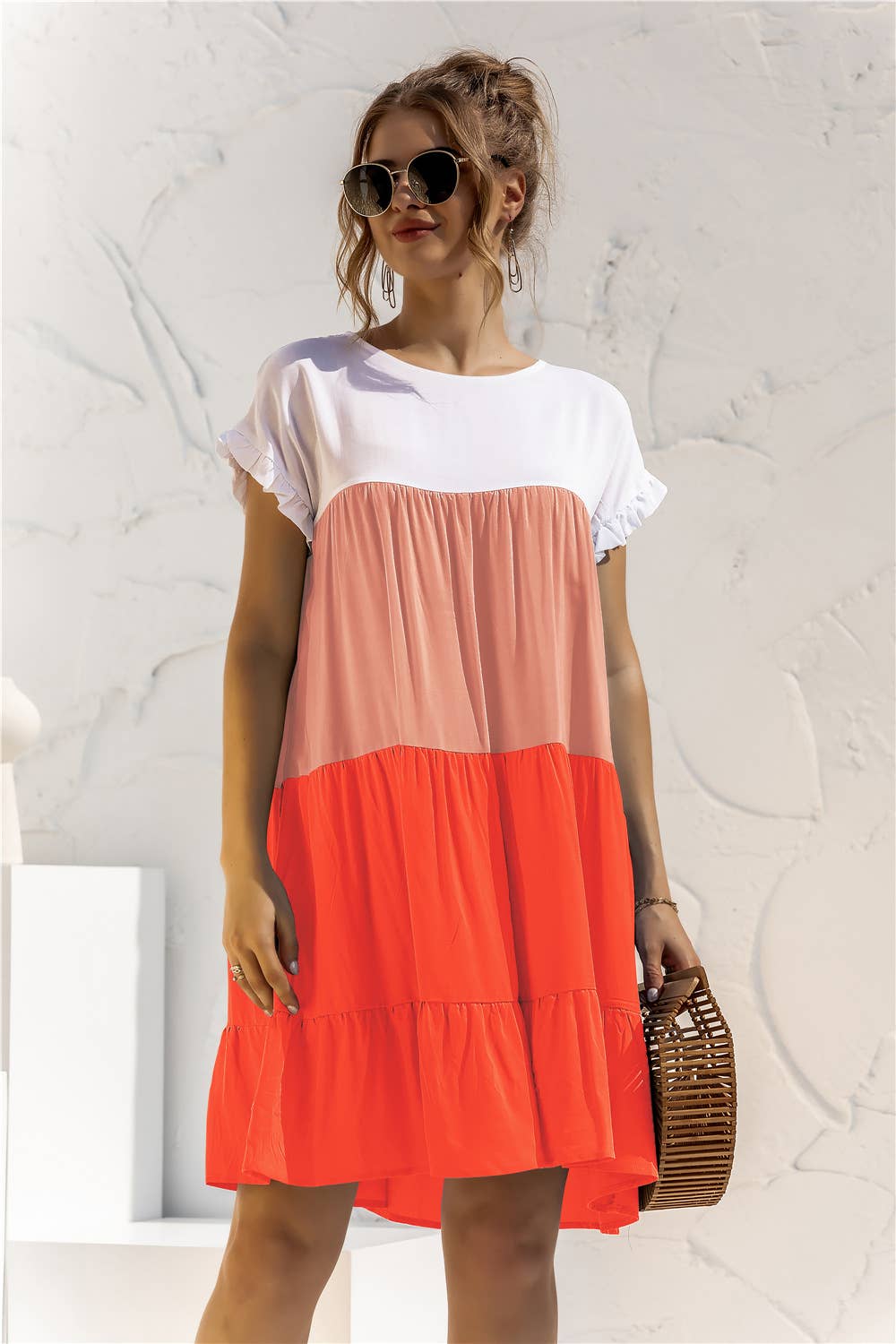 Color contrast baggy cake multi-layer hem dress