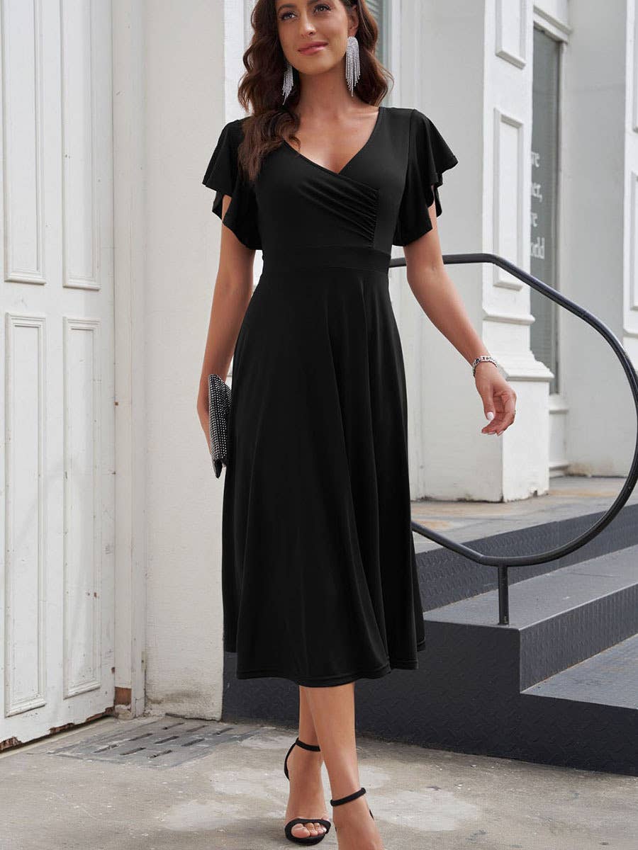ELEGANT TEMPERAMENT LOTUS SLEEVE V-NECK DRESS