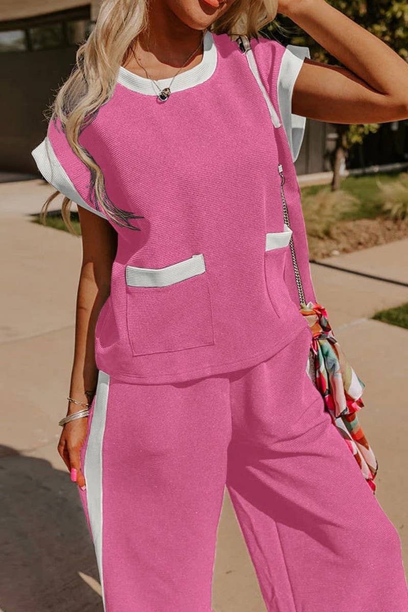 CWSTB1794_COLOR BLOCK ROUND NECK LOOSE FIT TWO-PIECE SET