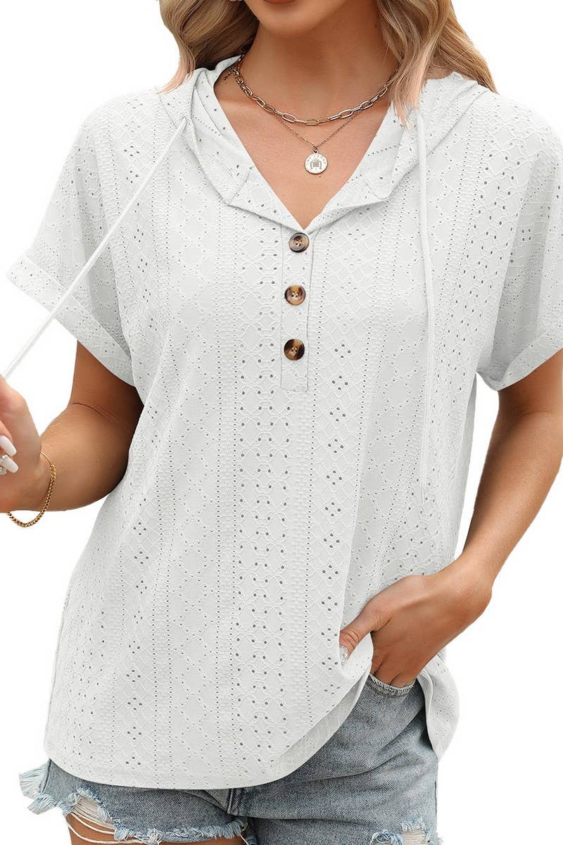 CWTTS1086_SOLID COLOR BUTTONED HOODED DRAWSTRING T-SHIRT