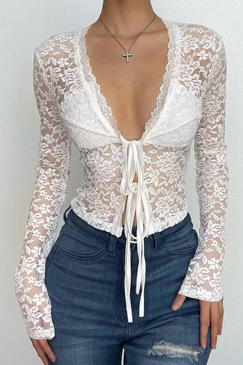 CWTBLL1655_LACE HOLLOW V-NECK LACE-UP LONG SLEEVE TOP