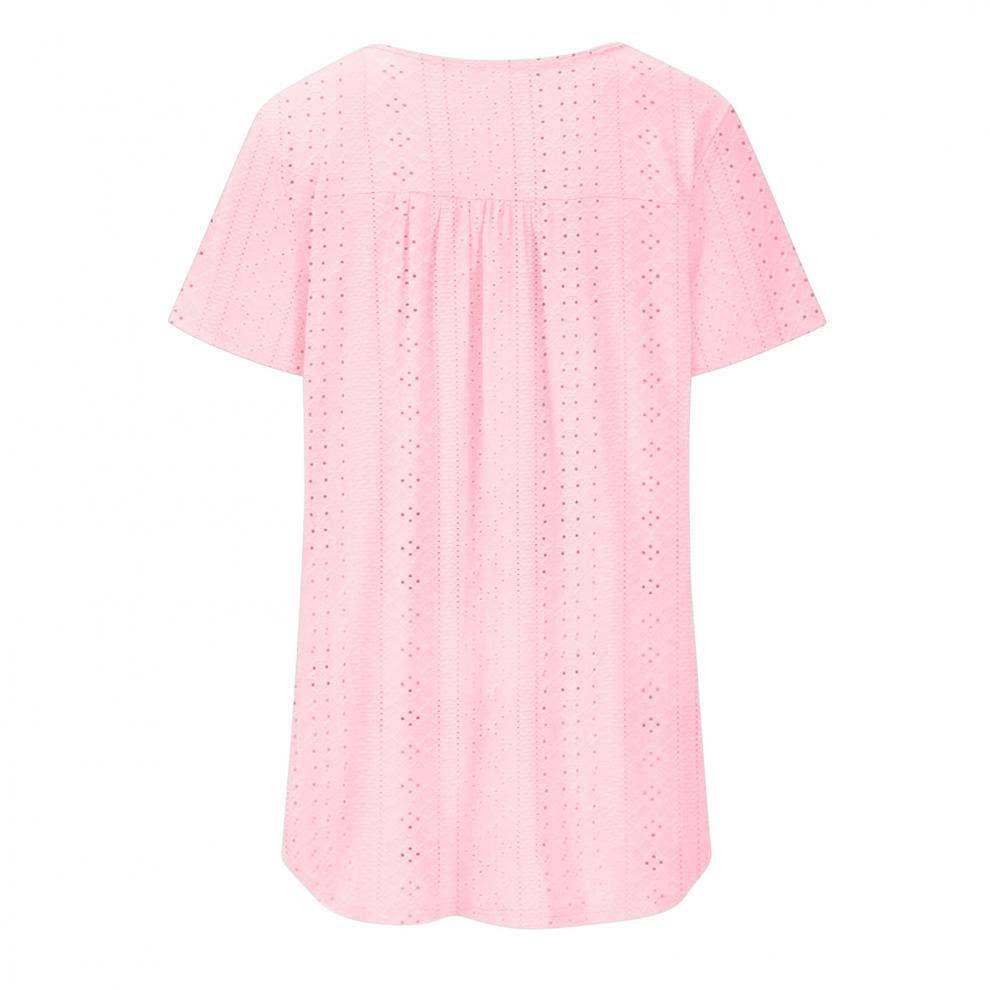 Crew-neck pleated button solid color ripped shirt