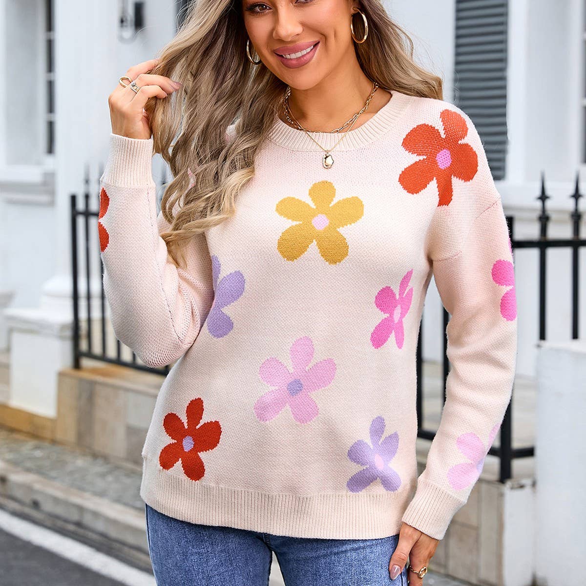 Floral crew-neck loose knit sweater