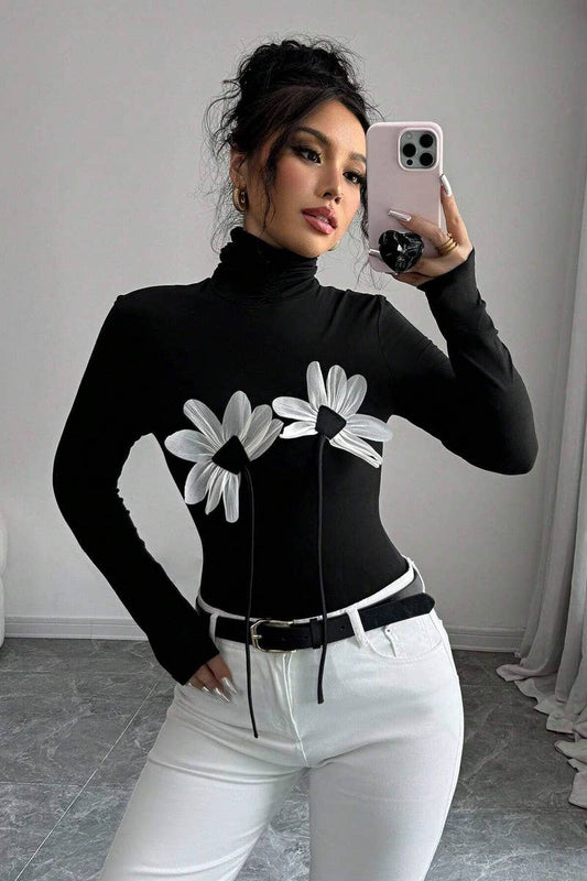 CWTBLL3542_BLACK TURTLENECK FLORAL APPLIQUE LONG SLEEVE TOP