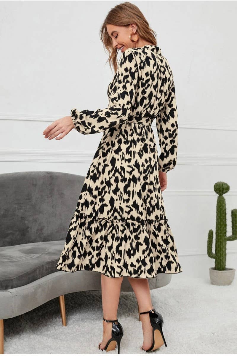 CWDMD4103_LEOPARD PRINT LONG SLEEVE TIE DRESS