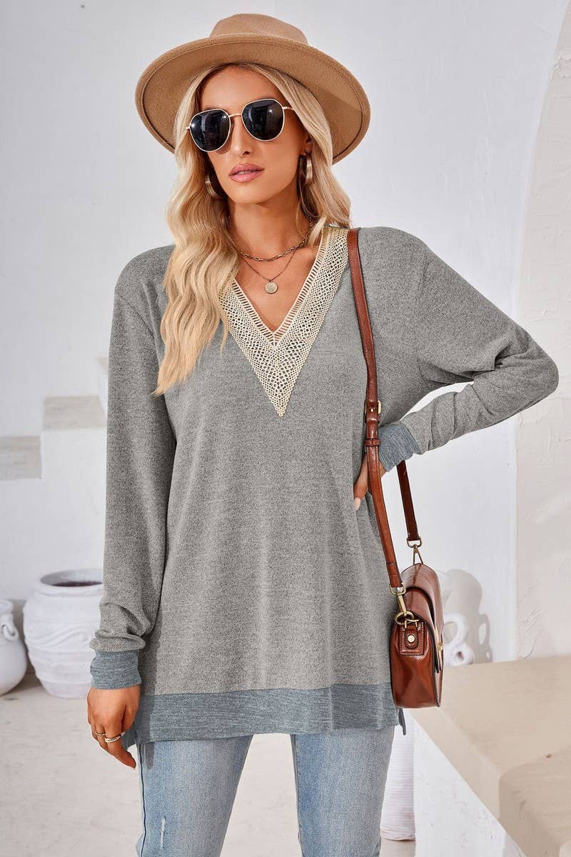 CWTBLL3660_AUTUMN NEW V-NECK LACE SOLID COLOR LOOSE T-SHIRT