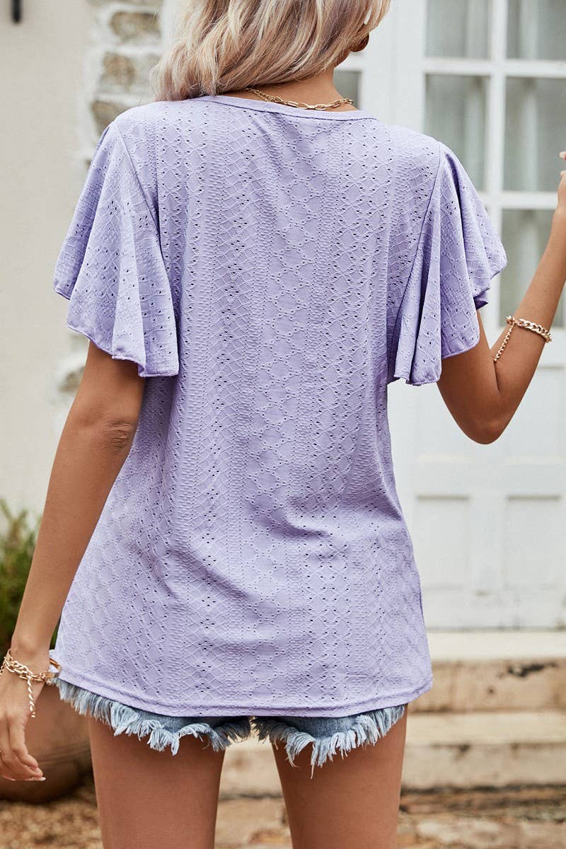 CWTBLS0359_Round neck Ruffle Sleeve Blouse