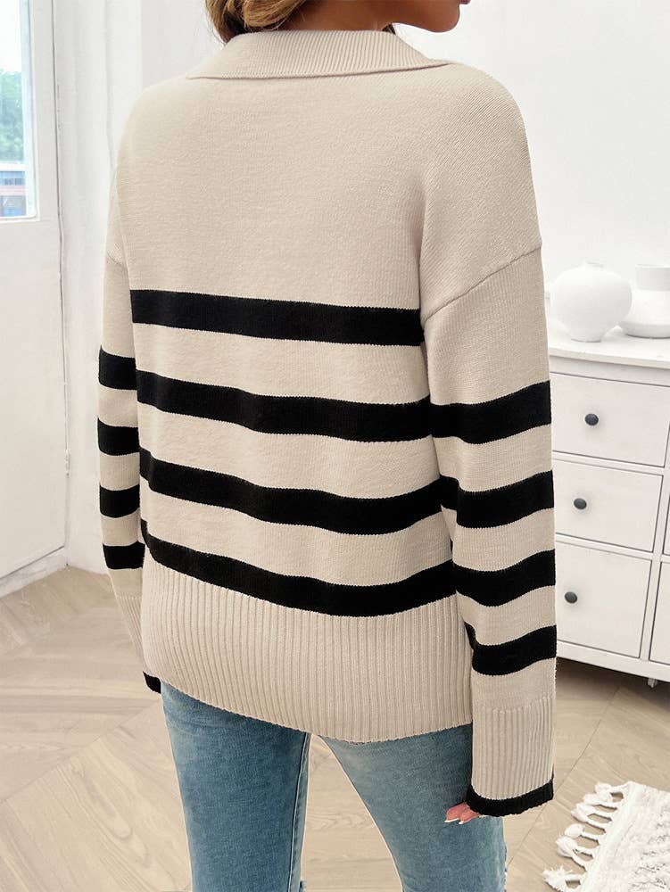 CASUAL BAGGY STRIPED LAPEL PULLOVER SWEATER