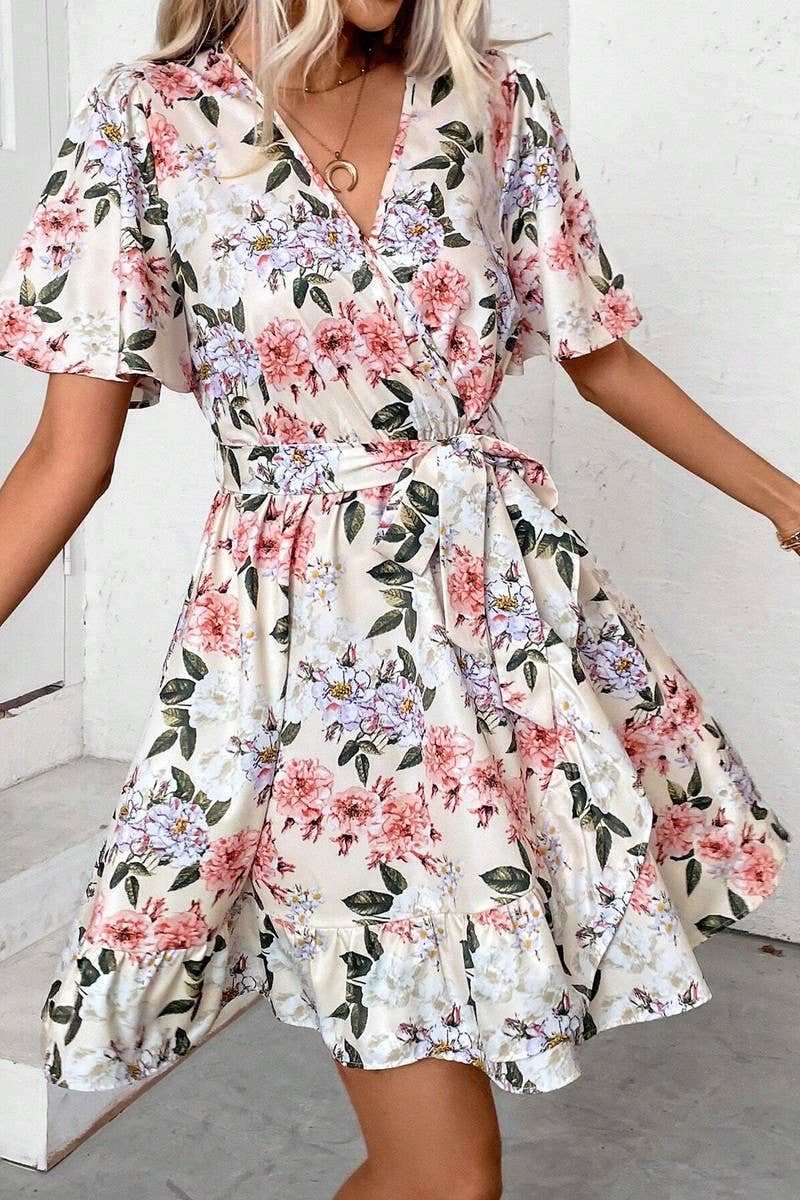 CWDSD6949_FLORAL PRINT V-NECK RUFFLE SLEEVES BELT DRESS