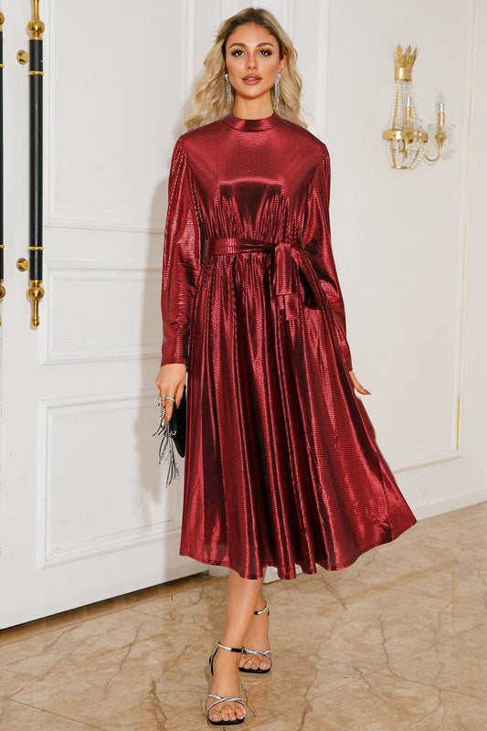 CWDMD3987_SOLID COLOR LONG SLEEVE TIE PARTY DRESS