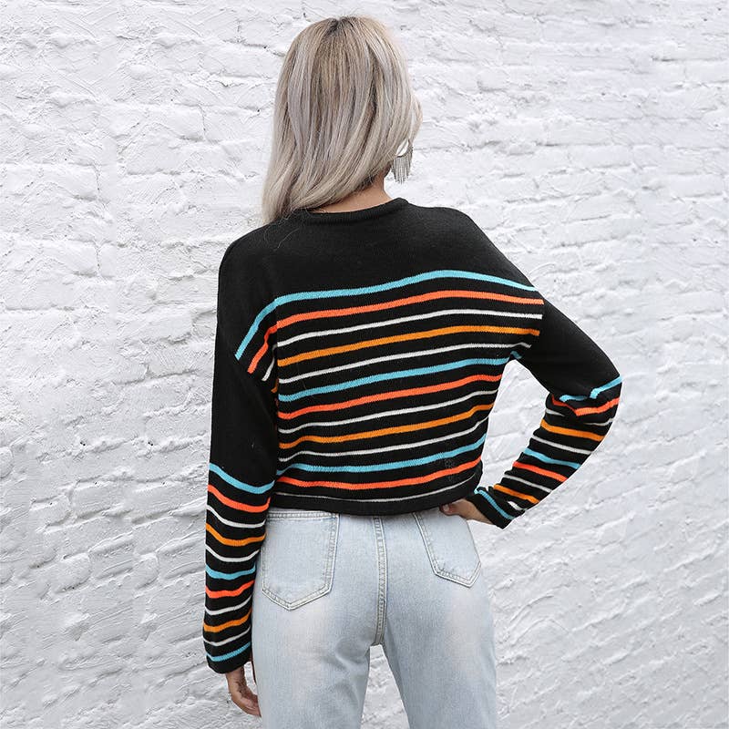 CREW-NECK FASHION COLORFUL STRIPED SWEATER
