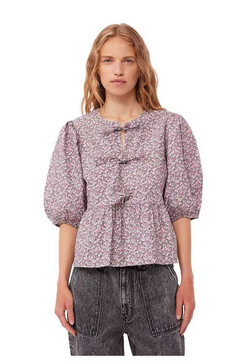 CWTBLL00717_SOLID COLOR PUFF SLEEVE PRINT LACE-UP SHIRT