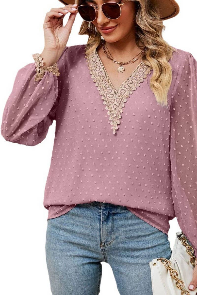CWTBLL2386_JACQUARD V-NECK LONG-SLEEVED CHIFFON SHIRT TOP