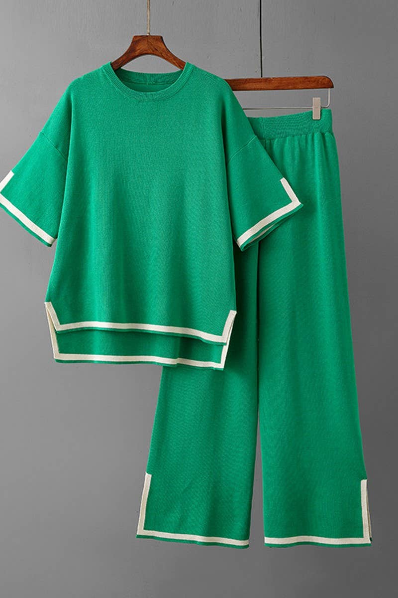CWSTB00422_COLORBLOCK KNIT TOP & HIGH WAIST WIDE LEG SET