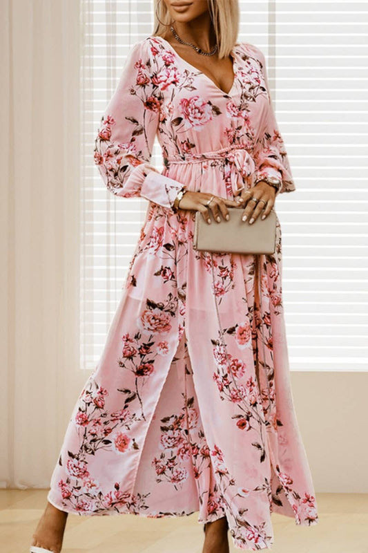 CWDMD4114_AUTUMN FLORAL PRINT V-NECK LONG-SLEEVED DRESS