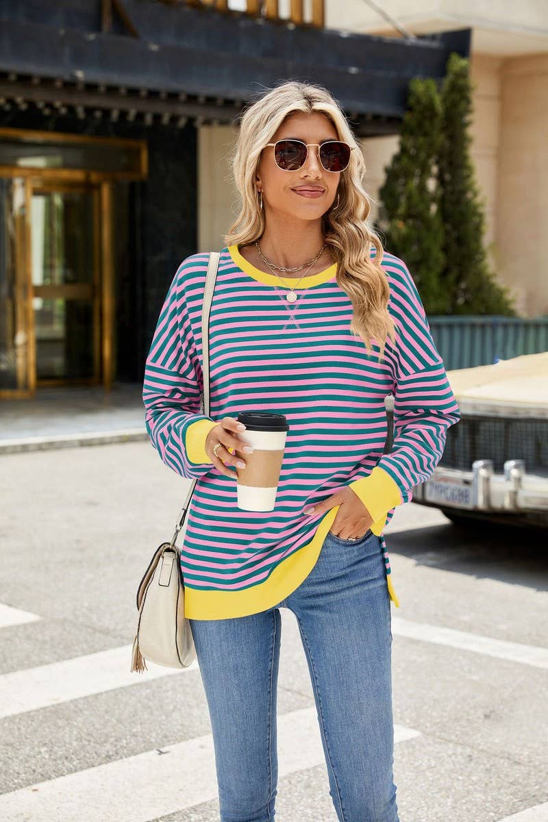 CWTBLL3746_CONTRAST COLOR SLIT LOOSE STRIPED SWEATSHIRT