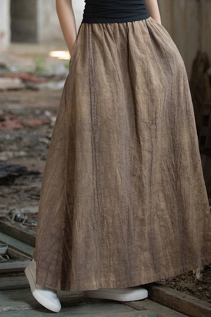 CWBLS0307_COTTON AND LINEN ELASTIC WAIST LONG LOOSE SKIRT