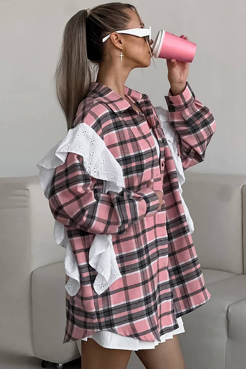 CWTBLL00624_PLAID LOOSE RUFFLED PLAID LONG-SLEEVED SHIRT