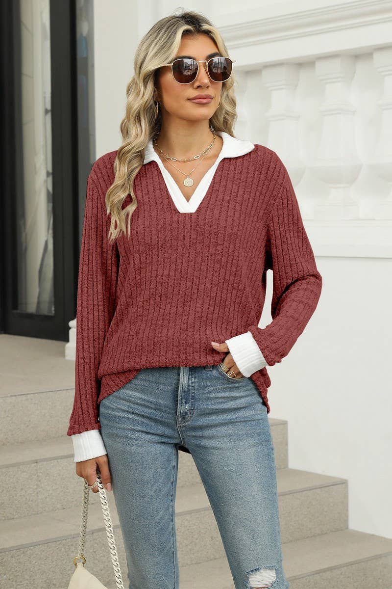 CWTBLL1874_CONTRAST COLOR LAPEL LONG SLEEVE LOOSE TOP