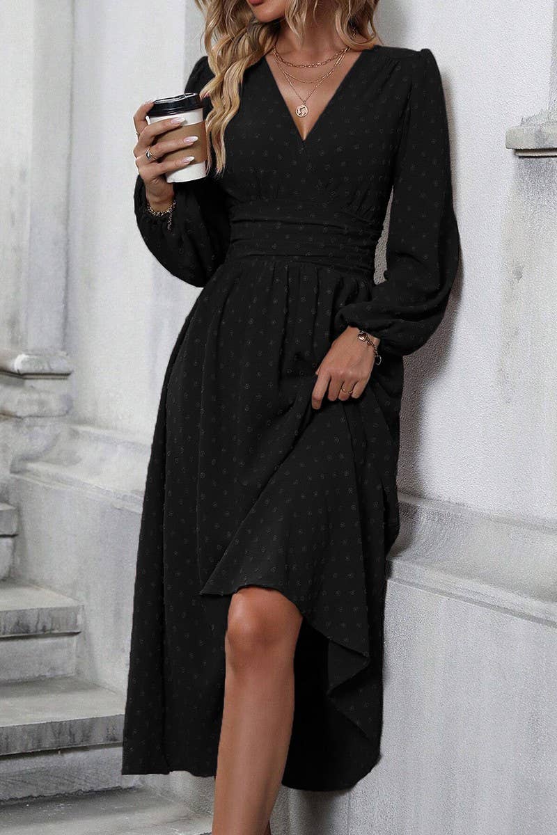 CWDMD3949_SLANTED NECK BALLOON SLEEVES PLEATED WAIST DRESS